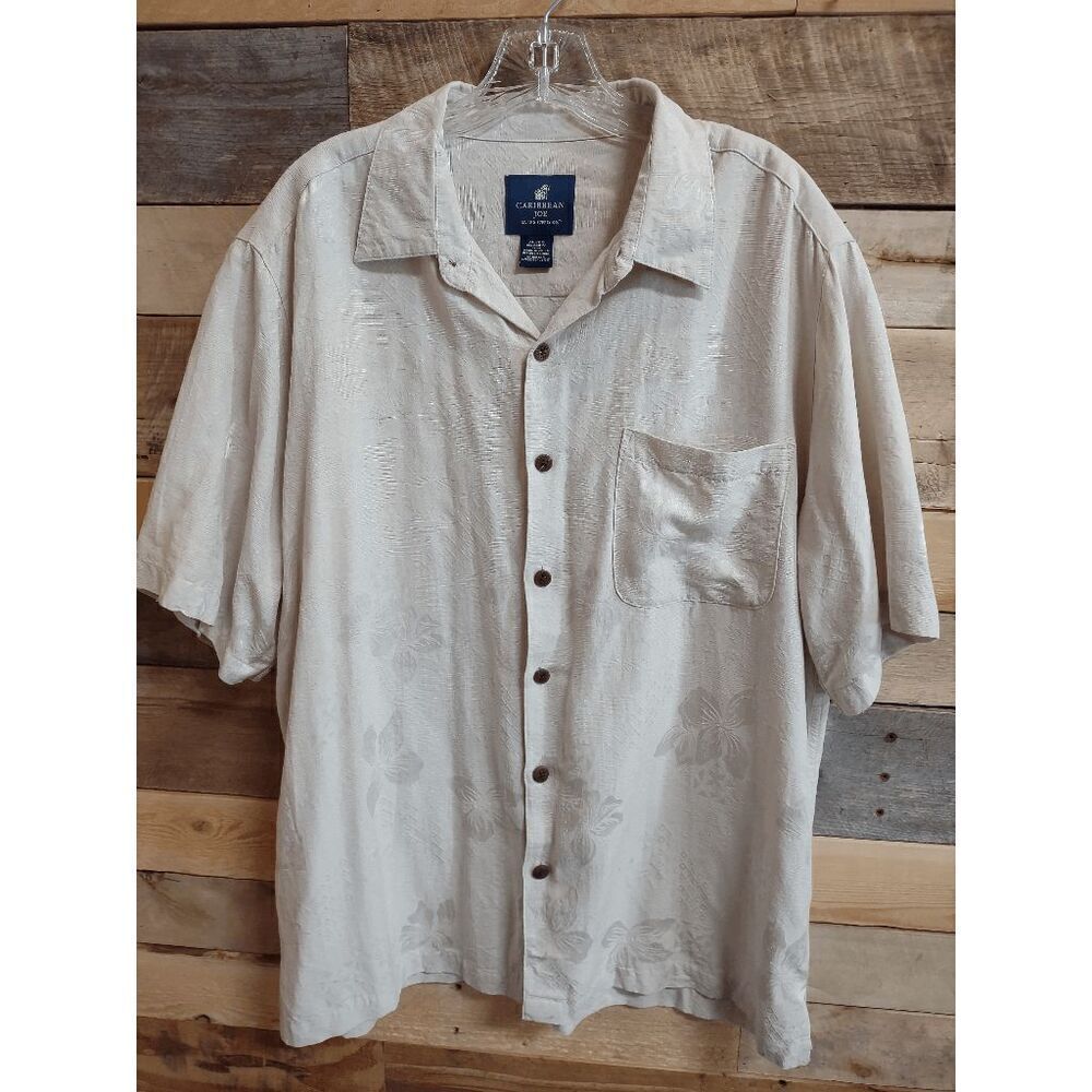 Caribbean Joe Island Supply Co. Men's XL 100% Silk Cream Colored Hawaiian Shirt